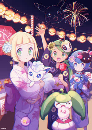 動漫角色穿著浴衣，在燈籠和煙火的夜間祭典中慶祝。 — 慶祝 壁紙