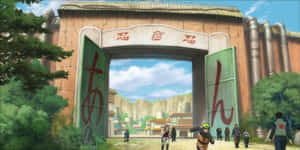 動漫忍者角色在木葉村入口，大門敞開，綠樹成蔭。 — 酷 naruto 壁紙