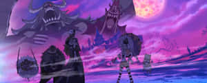 動漫戰士在發光的粉紅色月亮下，在紫色荒原上面對巨大的惡魔。 — 幽靈船 壁紙