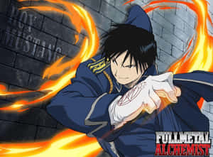 動漫角色羅伊·馬斯坦古身穿制服，使用煉金術火焰對抗磚牆。 — 野馬GIF 壁紙