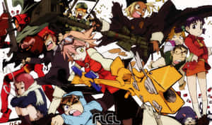 動漫角色身穿戰鬥裝備，置身於爆炸和瓦礫之中。 — FLCL 壁紙
