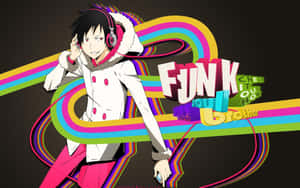 動漫角色戴著耳機，帶有彩虹漩渦和「Funk Soul Brother」文字。 — 嘻哈 壁紙