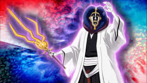 身穿白袍的動漫戰士在宇宙背景下揮舞著發光的金色武器。 — 蟹老闆 壁紙