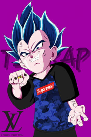 動漫角色達爾身穿 Supreme 和 Louis Vuitton 服裝，紫色背景。 — 小米平板 8 Pro 壁紙