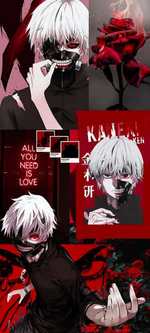動漫角色金木研（Kaneki Ken）擁有白髮和紅眼，手持一朵玫瑰。 — Pixel 10 Pro Fold 壁紙