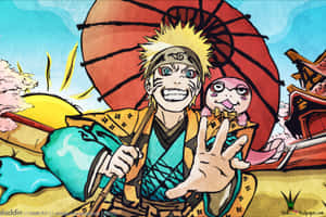鳴人動漫角色在日落天空下手持紅色雨傘和粉紅色生物。 — 漩渦鳴人 壁紙
