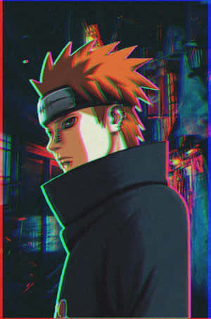 動漫男孩，橙色尖刺頭髮，在充滿霓虹燈的小巷中，帶有故障效果。 — 火影忍者 佩恩 壁紙