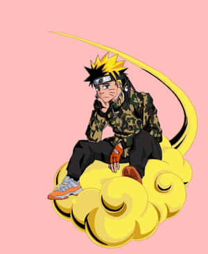動漫忍者鳴人坐在黃色雲朵上，身穿迷彩外套和運動鞋。 — 火影忍者 卡卡西 壁紙