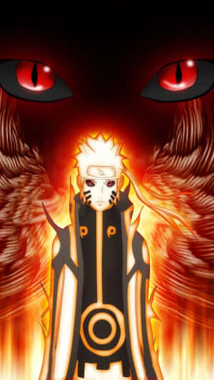 擁有發紅眼睛和火焰光環的動漫忍者，被一隻巨大的狐狸包圍。 — 漩渦鳴人 壁紙