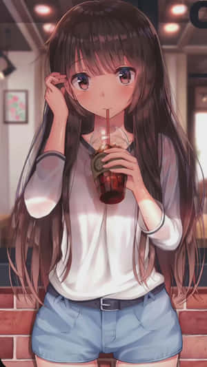 動漫少女在咖啡館中靠著磚牆啜飲冰咖啡。 — 動漫風格 壁紙