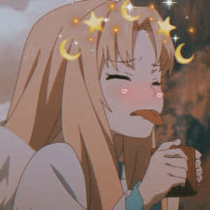 動漫女孩啜飲杯子，星星和月亮漂浮在她頭頂。 — 我愛你 美學 壁紙