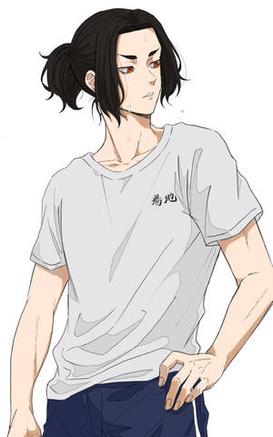 動漫男孩，深色馬尾，流汗，身穿印有漢字的灰色T恤。 — Galaxy Tab 壁紙