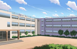 動漫學校建築，有庭院和綠樹，在藍天白雲下。 — 日本動漫 壁紙