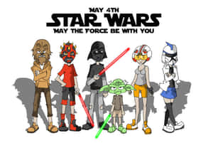 動漫風格的星際大戰角色手持光劍，並帶有May the Force be with You文字。 — 太空人美學 壁紙