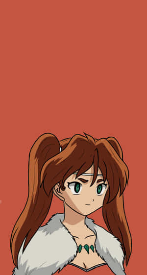動畫女孩，棕色馬尾辮，綠色眼睛，白色毛領，鏽色背景。 — 犬夜叉 壁紙