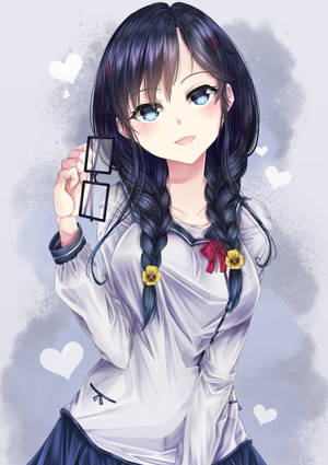 辮子頭髮的動畫女孩，拿著眼鏡，被漂浮的心形包圍。 — 可愛動漫女孩 壁紙
