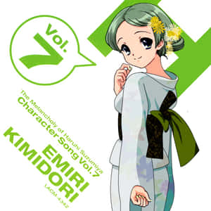 來自《涼宮春日的憂鬱》Vol.7的動畫角色君島艾米莉，穿著花卉和服，綠色頭髮上戴著黃色花朵。 — 可愛動漫頭貼 GIF 壁紙
