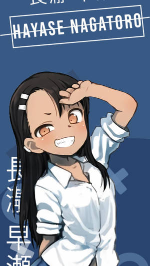 長黑發動畫女孩遮擋眼睛，穿著白襯衫燦爛微笑。 — 日本動漫 壁紙