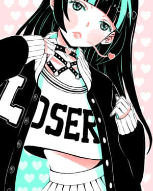 動畫女孩穿著啦啦隊服裝，帶有心形裝飾和青綠色頭髮，背景為粉紅色。 — 可愛動漫女孩 壁紙