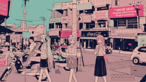 動畫女孩走在繁忙的城市街道上，有色彩繽紛的標誌和滑板車。 — 美學粉色GIF 壁紙
