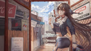 動畫女孩在城市小巷裡抽煙，旁邊有建築標誌。 — 部落衝突：皇室戰爭 壁紙