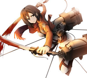 動畫女孩穿著橙色制服，在半空中揮舞劍和機動裝置。 — 米卡莎·阿卡曼 壁紙