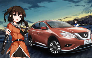 動畫女孩穿著橙色水手服，在黃昏時站在紅色日產Murano旁邊。 — 動漫汽車 壁紙