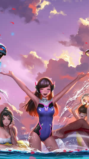 動畫角色在日落時分在海浪中玩耍。 — 電玩遊戲 GIF 壁紙