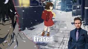 動畫女孩穿著紅色外套在雪街上走，旁邊有動畫男孩和穿西裝的真人男子。 — 消滅 壁紙