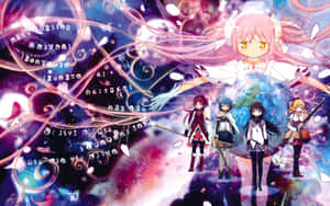 動畫角色在神奇的宇宙場景中與發光的神靈。 — 魔法少女小圓 壁紙