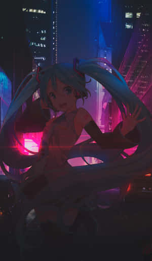 動畫女孩紮著青色雙馬尾，在夜晚霓虹燈閃爍的賽博龐克城市中跳舞。 — 可愛動漫女孩 壁紙