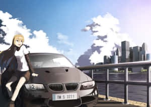 動畫女孩坐在城市濱海的灰色BMW上，天空多雲。 — 動漫汽車 壁紙