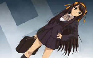 動畫女學生穿著校服，長長的黑髮和黃色蝴蝶結，手持公事包。 — 2560x1600 壁紙