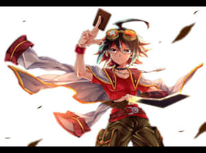 動畫魔術師男孩穿著紅色服裝，拿著發光的卡片，樹葉旋轉。 — 日式龍 壁紙