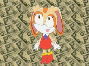 Cream the Rabbit 卡通角色站在百元美鈔背景上。 — 白兔 壁紙