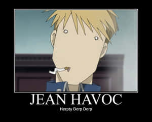 動畫角色 Jean Havoc，嘴裡叼著香煙，下方有文字。 — 5:4 壁紙