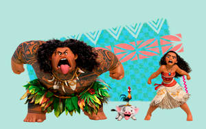 Maui、Moana 和他們的動物夥伴在色彩繽紛的動畫場景中。 — 花子君 壁紙