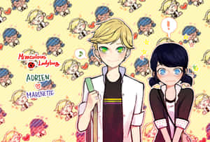 來自《瓢蟲雷迪》的Adrien和Marinette微笑著，周圍有他們的Q版和心形。 — 瑪莉娜 壁紙