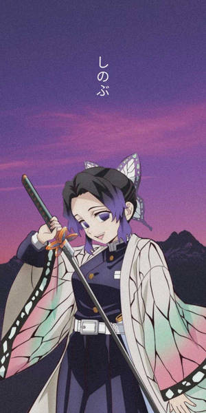 擁有蝴蝶翅膀的動畫戰士在夕陽下持劍。 — 鬼殺隊 善逸 壁紙