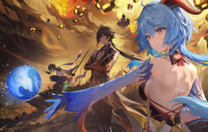動畫角色在火焰和漂浮立方體的魔法戰鬥中。 — Steam Deck 壁紙