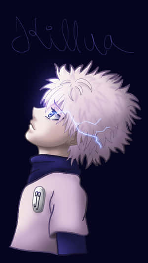 動畫角色奇犽（Killua）頭後有閃電，抬頭凝視。 — AMOLED 壁紙