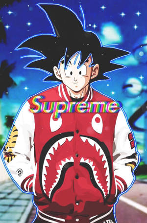 動畫角色悟空穿著紅色Supreme外套，帶有鯊魚嘴設計，在星空下。 — 悟空黑 iPhone 壁紙