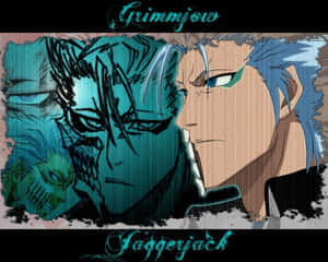 動畫角色葛力姆喬（Grimmjow）藍色頭髮和強烈眼神的風格化肖像。 — 葛力姆喬 壁紙
