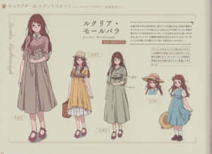 Luculia Mariborough的動畫角色設計表，展示四種服裝變化和年齡階段。 — 花卉 壁紙