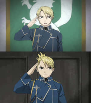 身穿藍色軍服的動畫士兵嚴肅敬禮。 — 小米 Mix Flip 2 壁紙