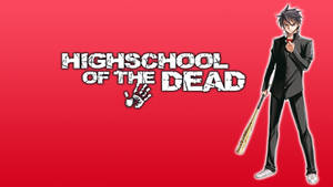 動畫男孩身穿黑色西裝，手持棒球棍，站在紅色背景上，旁邊是Highschool of the Dead標題。 — 忍者 要塞英雄 壁紙
