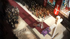 動畫教堂場景，牧師在祭壇前，人群穿著中世紀長袍。 — 戰士 壁紙