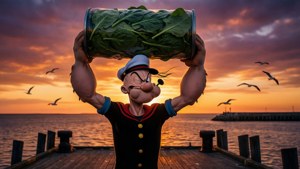 大力水手在夕陽下的碼頭上舉起一個菠菜罐頭，海鷗飛翔。 — 大力水手 壁紙