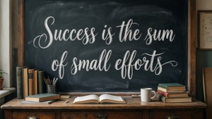 一張木製書桌，上面有書本和一個馬克杯，下方黑板寫著「Success is the sum of small efforts」。 — 書桌 壁紙