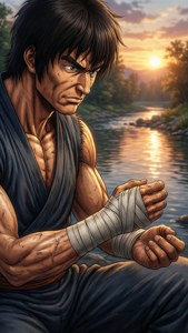 動漫戰士在日落時於河邊包裹雙手 — 李洛克 壁紙